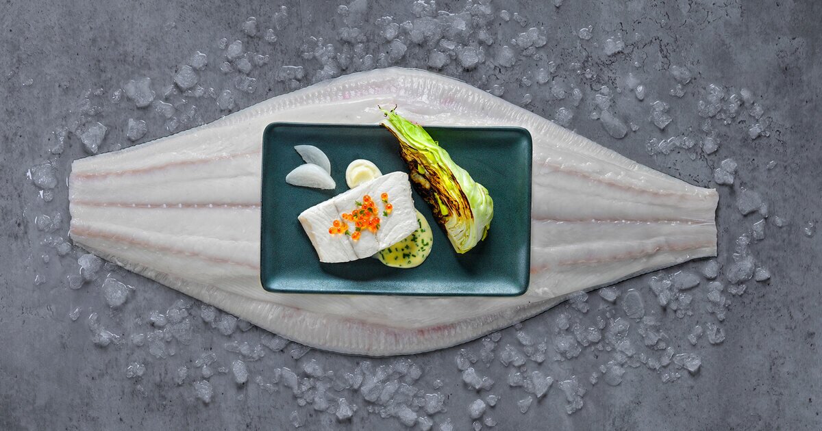 Steamed Norwegian Halibut served with grilled spring cabbage, creamy ...