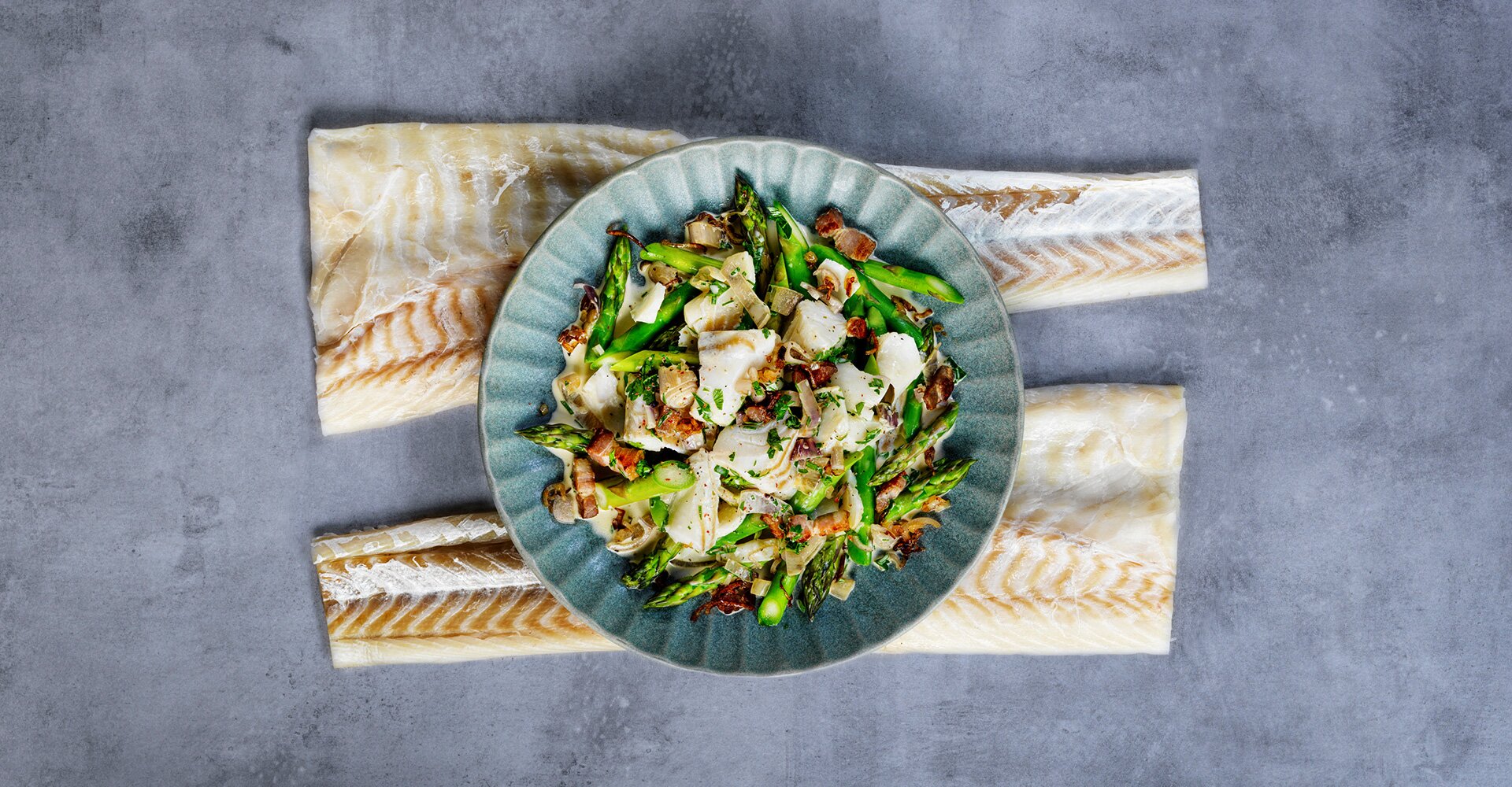 Norwegian Stockfish with asparagus, smoked bacon and dry Martini