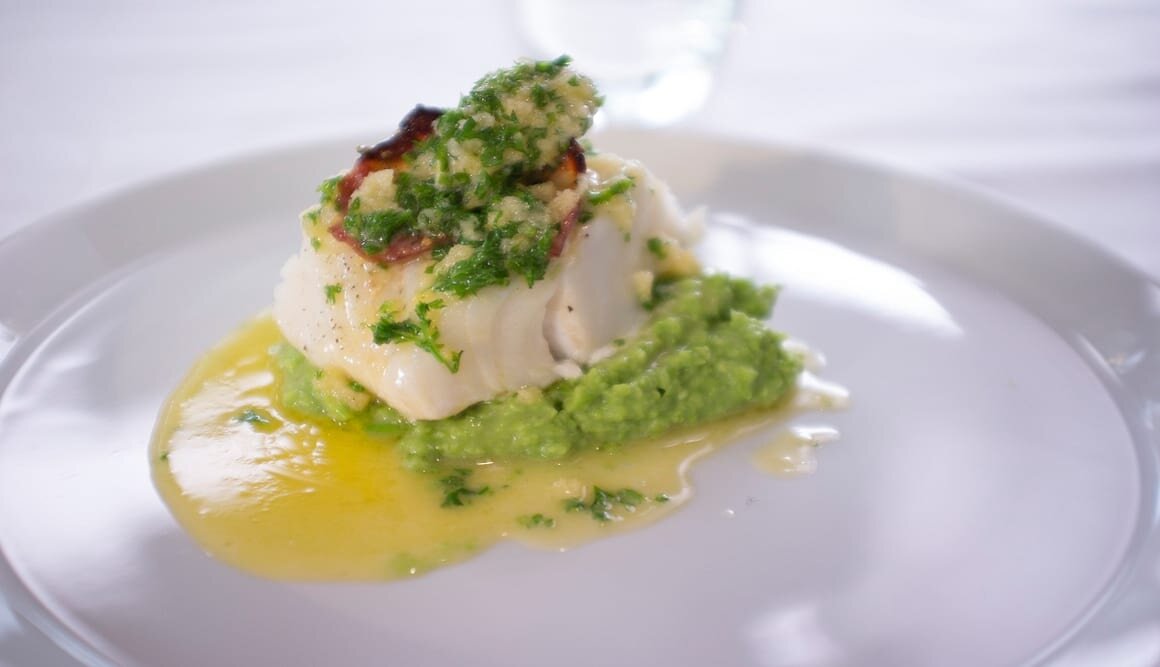 Norwegian cod, bacon and mashed peas