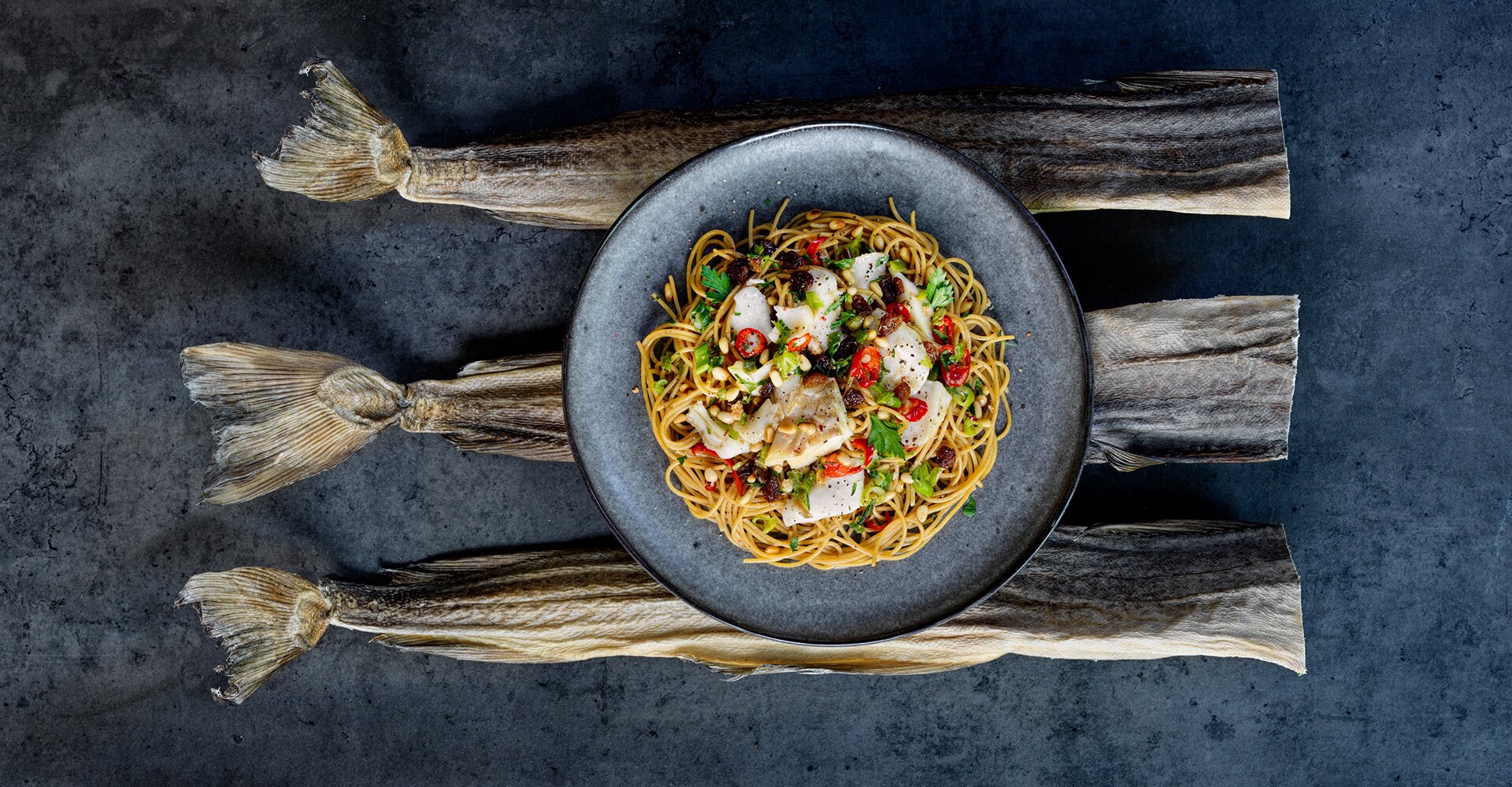 Spaghetti alla chitarra with Norwegian Stockfish, chili, raisins and ...