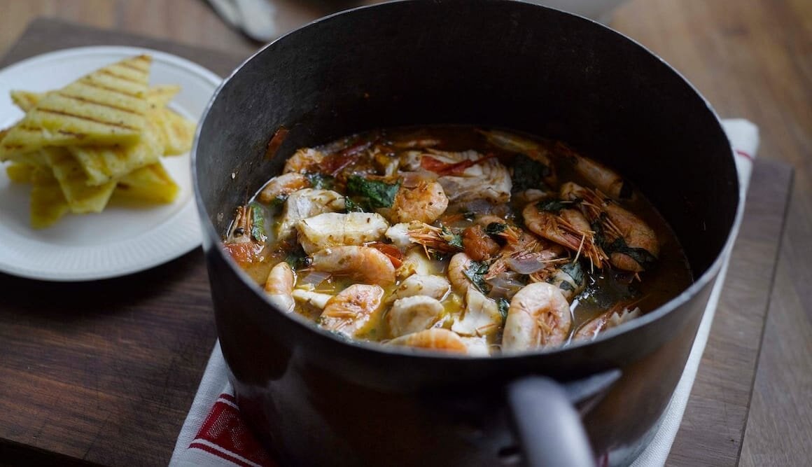 Norwegian seafood stew with polenta wedges