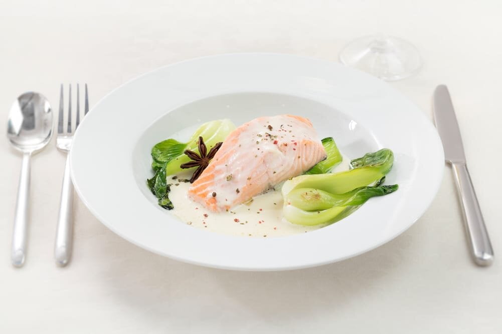 Aromatic steamed Norwegian salmon