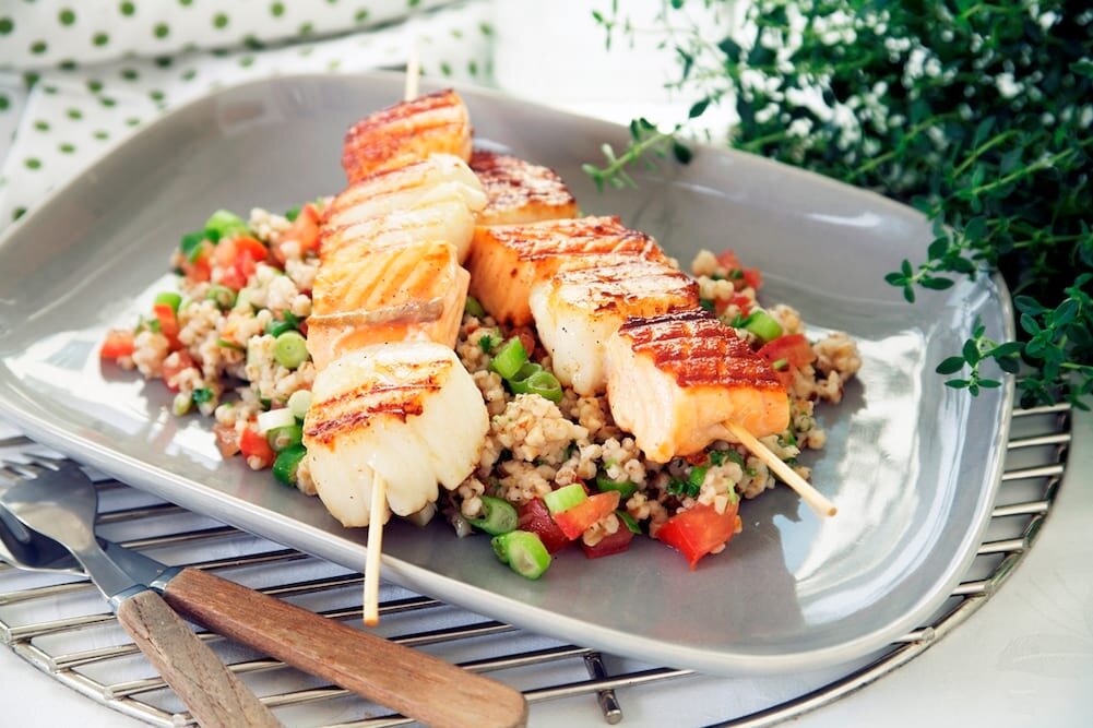 Norwegian salmon and scallop skewers with tabbouleh