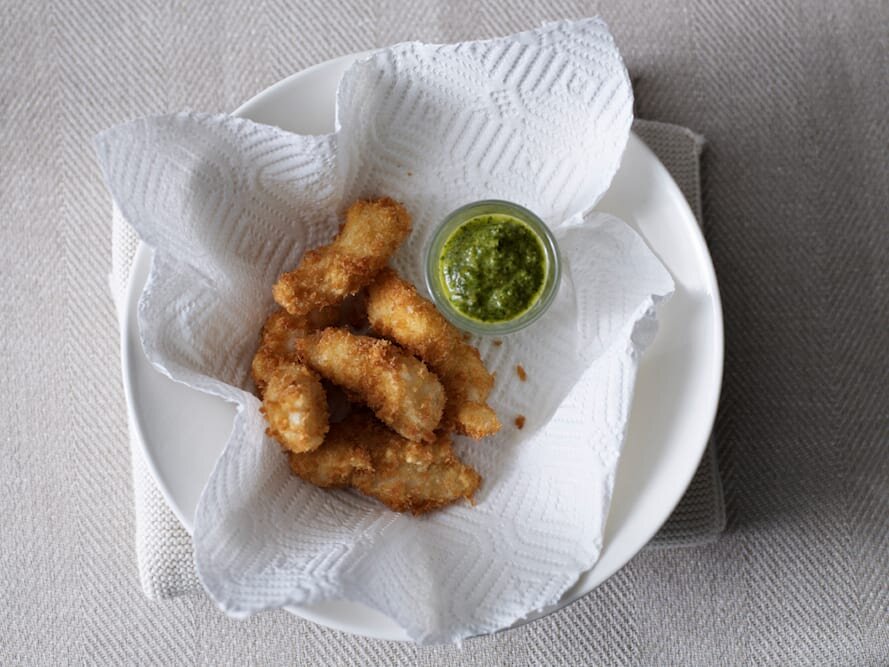 Crispy Norwegian cod cheeks with dill, anchovy  & pickled cucumber salsa