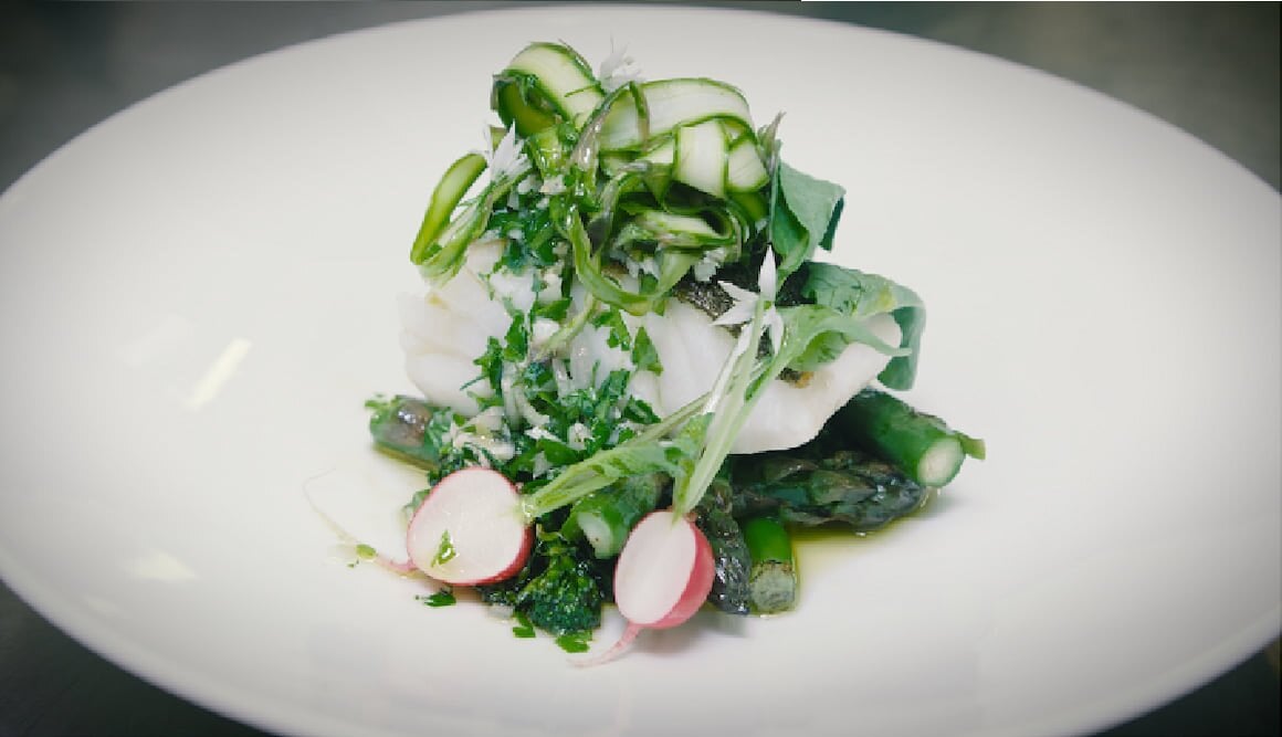 Roasted Fillet of Norwegian Cod, grilled asparagus and tender stem broccoli, parsley and anchovy dressing