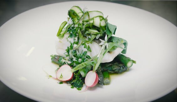 Roasted Fillet of Norwegian Cod, grilled asparagus and tender stem broccoli, parsley and anchovy dressing 