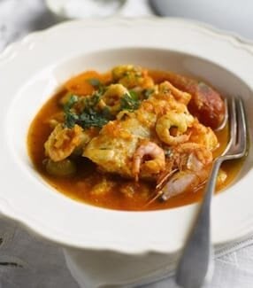 Norwegian Cod and Prawn tagine with Olives and Lemon