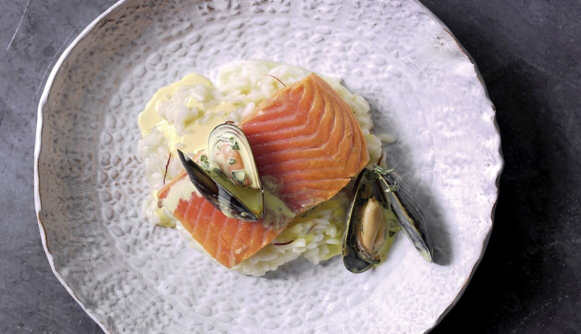 Poached Norwegian Fjord Trout with Saffron-Scented Mussels & Lime Risotto