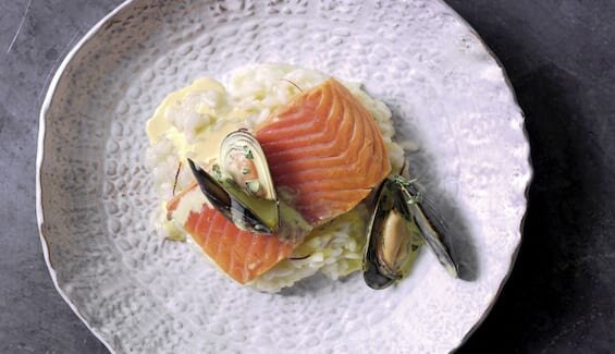 Poached Norwegian Fjord Trout with Saffron-Scented Mussels & Lime Risotto