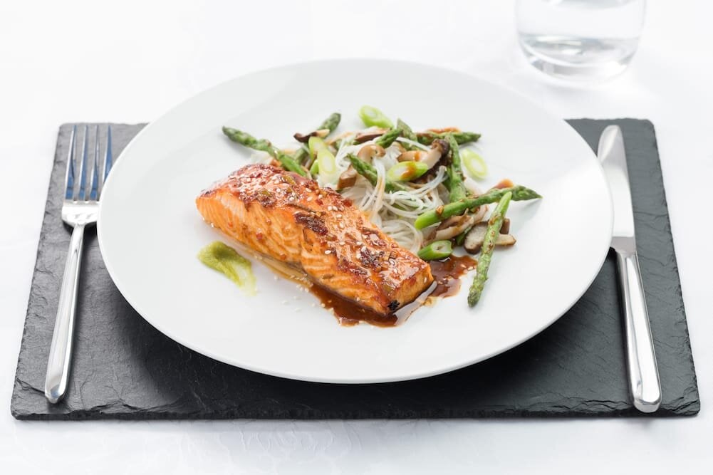 Marinated Norwegian salmon and rice noodle salad