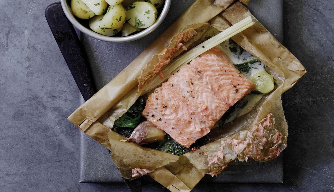 Papillote of Norwegian Fjord Trout Scented with Lemongrass, Garlic and Ginger in Creamy Coconut Sauce