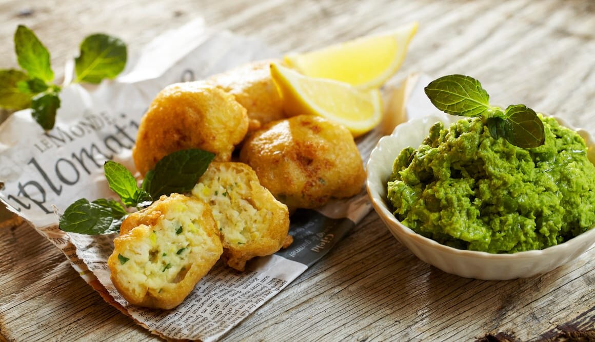 Fried Norwegian cod patties with pea purée