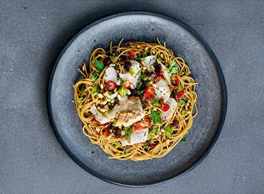 Spaghetti alla chitarra with Norwegian Stockfish, chili, raisins and pine nuts