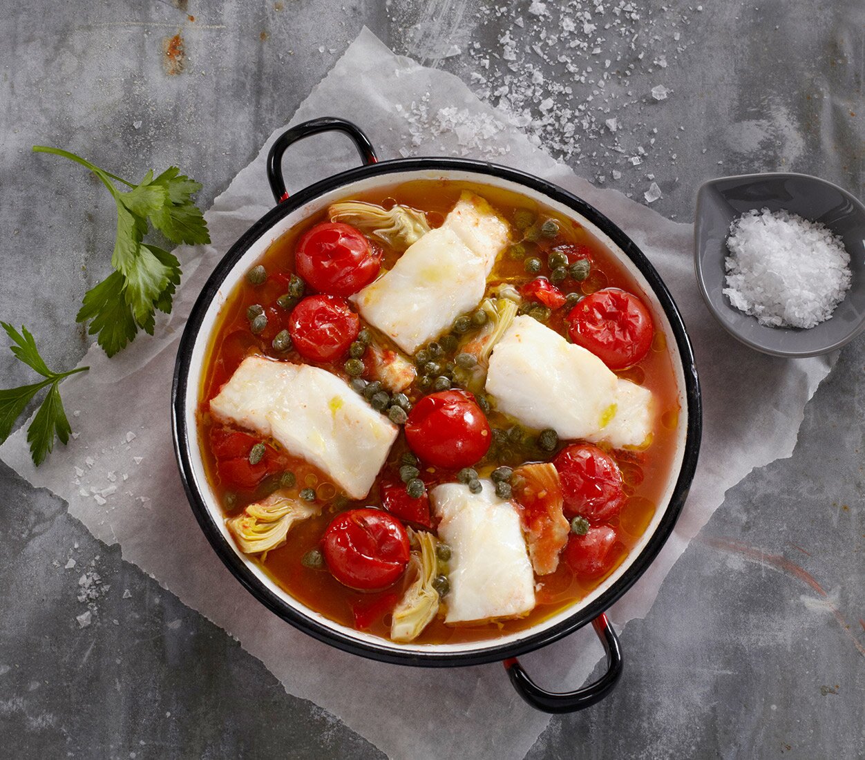 Baked Norwegian Cod with Tomatoes, Artichoke and Capers