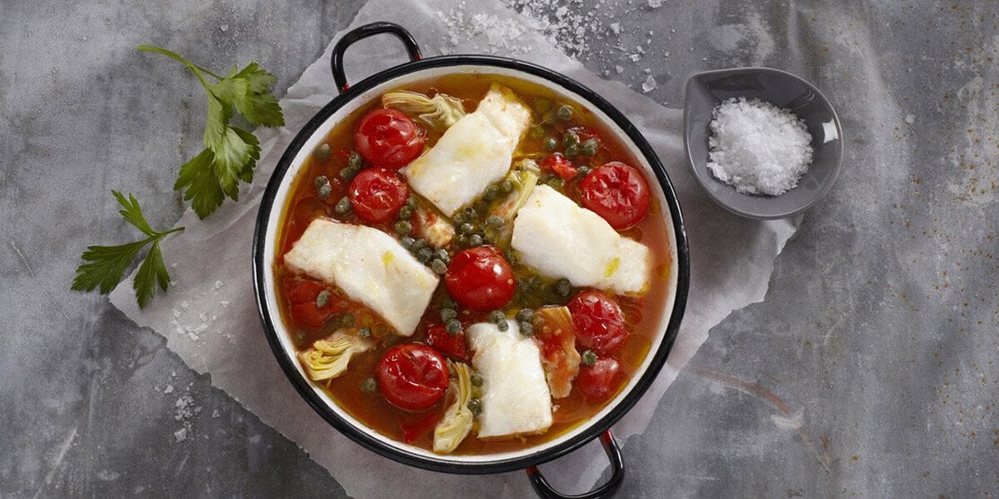 Baked Norwegian Cod with Tomatoes, Artichoke and Capers