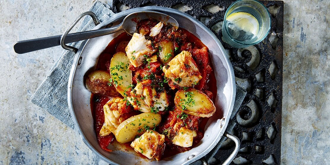 Baked Norwegian Cod with Spanish flavours and Patatas Bravas