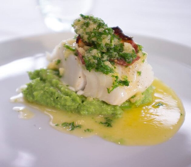 Norwegian cod, bacon and mashed peas