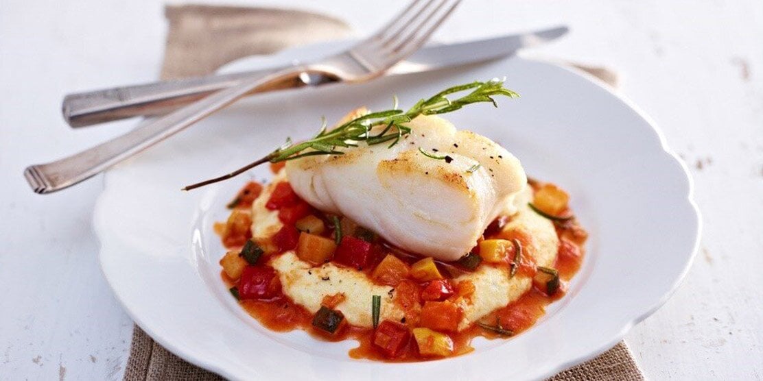 Fried Norwegian Cod with Polenta and Ratatouille