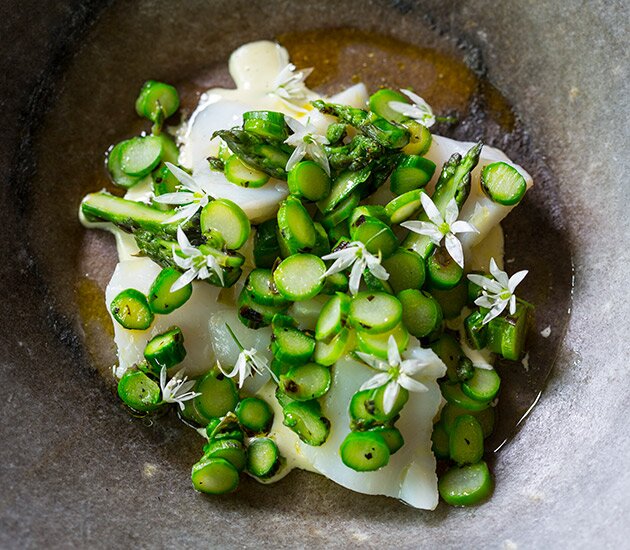 Norwegian Cod with Wild Garlic Miso and Barbecued Asparagus