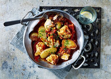 Baked Norwegian Cod with Spanish flavours and Patatas Bravas