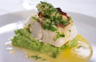 Norwegian cod, bacon and mashed peas