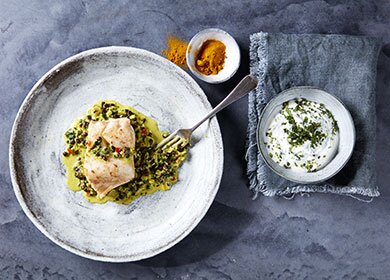 Indian spiced Norwegian cod, puy lentils and raita | Seafood from Norway