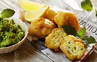 Fried Norwegian cod patties with pea purée