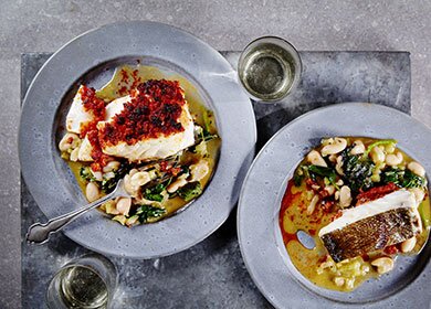 Nduja-Baked Norwegian cod with white bean stew, lemon and parsley gremolata | Seafood from Norway