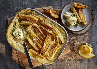 Norwegian cod, chip, pea and dill pie
