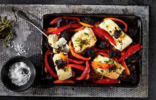Roasted Norwegian cod black pudding tray bake