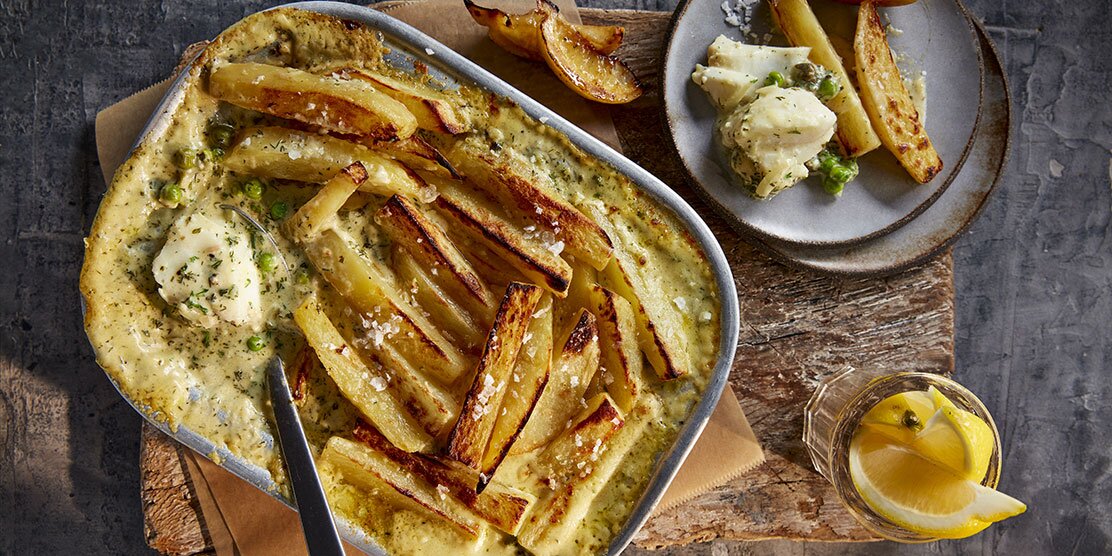 Norwegian cod, chip, pea and dill pie