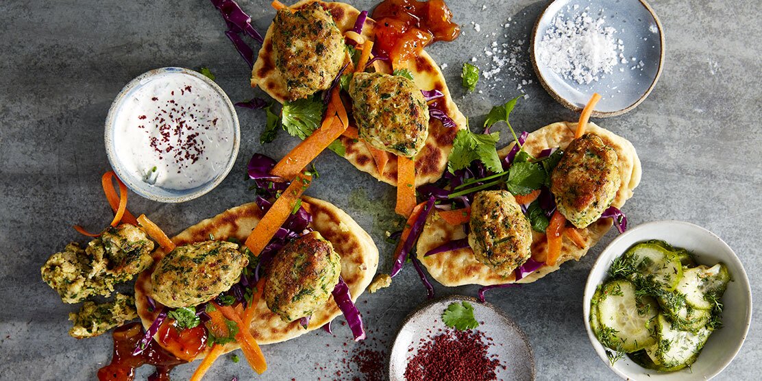 Norwegian Cod koftas with sumac yoghurt and pickled cucumber