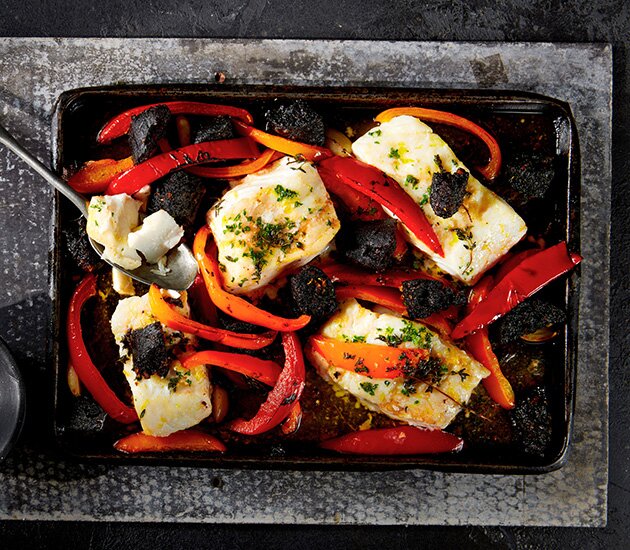 Roasted Norwegian cod black pudding tray bake