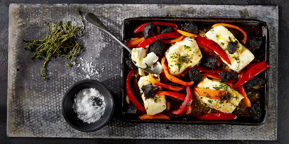 Roasted Norwegian cod black pudding tray bake