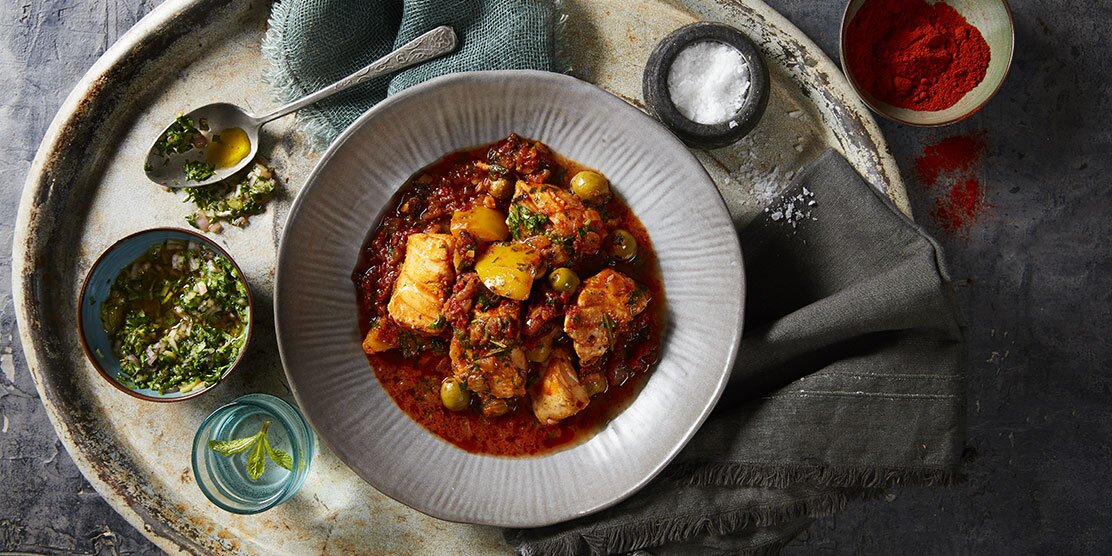 Spicy Norwegian Cod Tagine, Olives and Preserved Lemon 