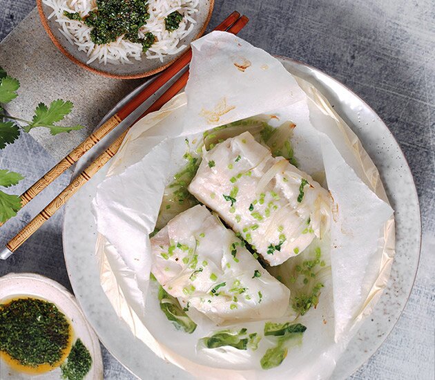Norwegian Haddock Baked with Ginger and Coriander and scented rice