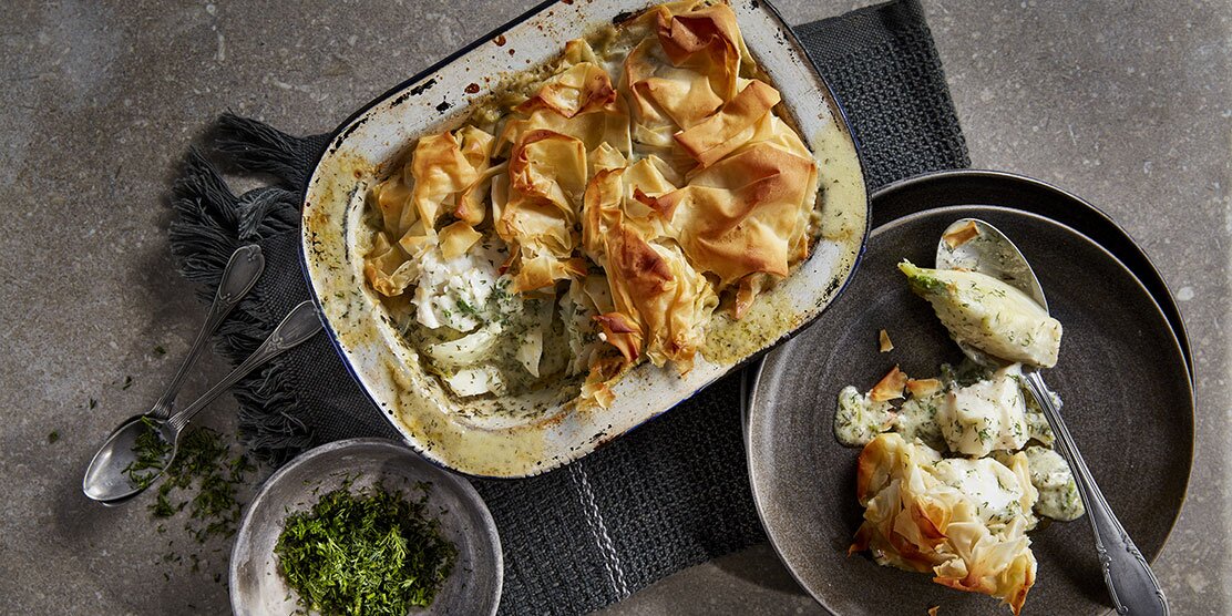 Norwegian haddock, horseradish and fennel filo pie