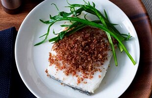 Roasted Norwegian haddock with bacon & rye crisp and sea vegetables