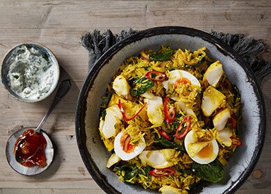 Smoked Norwegian haddock and spinach Biryani, coriander and dill raita
