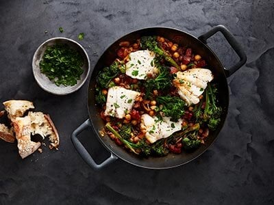 Spanish style Norwegian haddock, chorizo and chickpea one pan supper