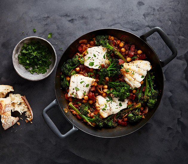 Spanish style Norwegian haddock, chorizo and chickpea one pan supper