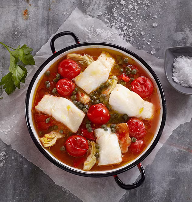Baked Norwegian Cod with Tomatoes, Artichoke and Capers