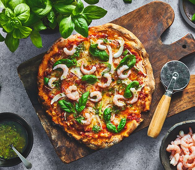 Pizza with Norwegian prawns