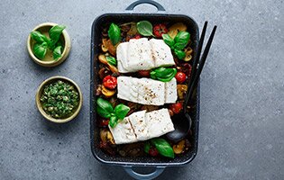 Baked Norwegian saithe in salsa verde