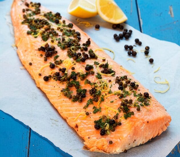 Whole Norwegian salmon fillets in the oven