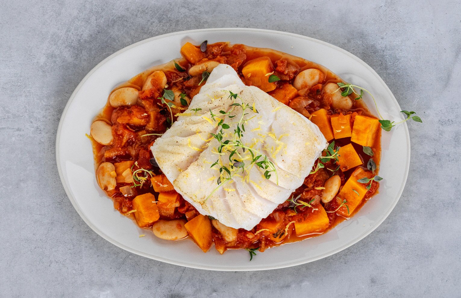 Norwegian Skrei sautéed with beans, sweet potato and thyme