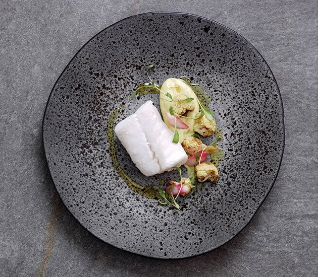 Poached Skrei, Cauliflower Purée and Pickled Radishes