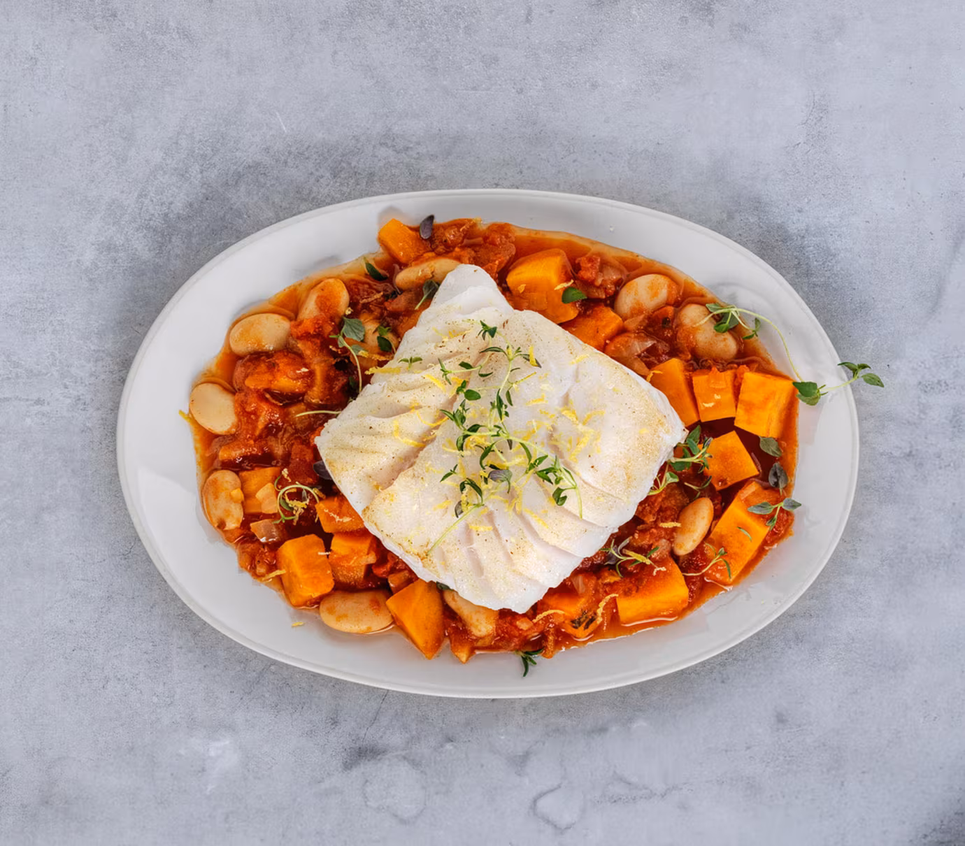 Norwegian Skrei sautéed with beans, sweet potato and thyme