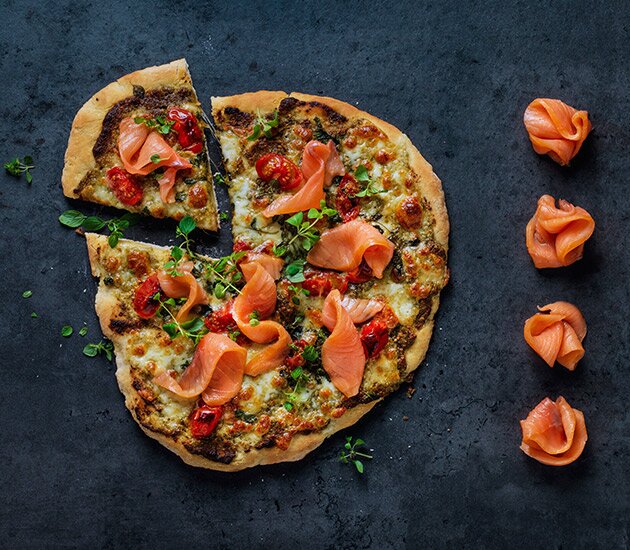 Pizza with Pesto, Mozzarella and Smoked Norwegian Salmon